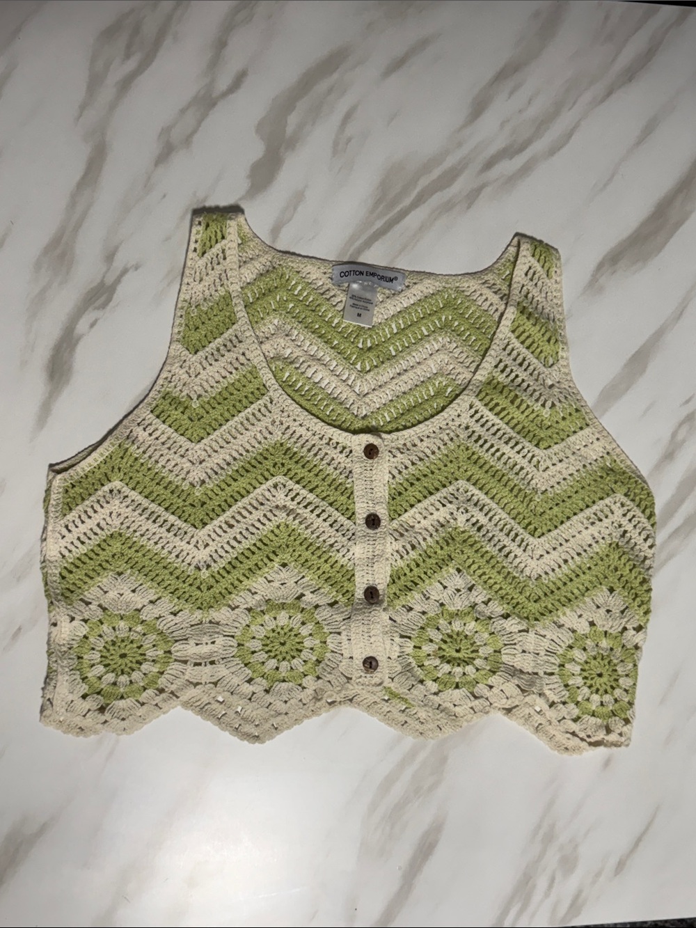 Cotton Emporium Green & Cream Crochet Crop Tank